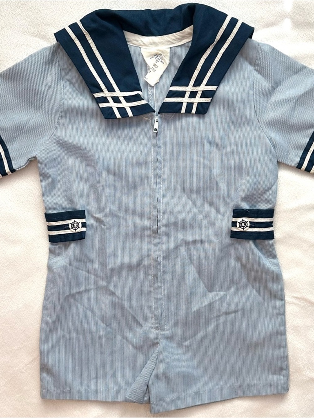 Vintage Made in USA Baby Boys Nautical Sailor Blue Romper One Piece 2T zip up